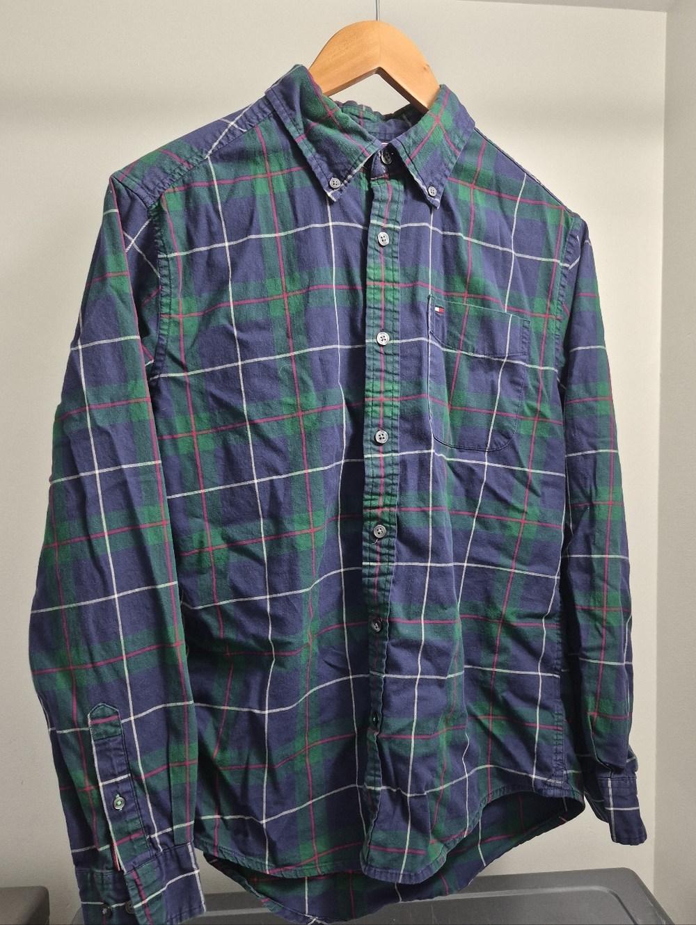 Tommy Hilfiger Navy, Green and White Plaid Button-Down Shirt